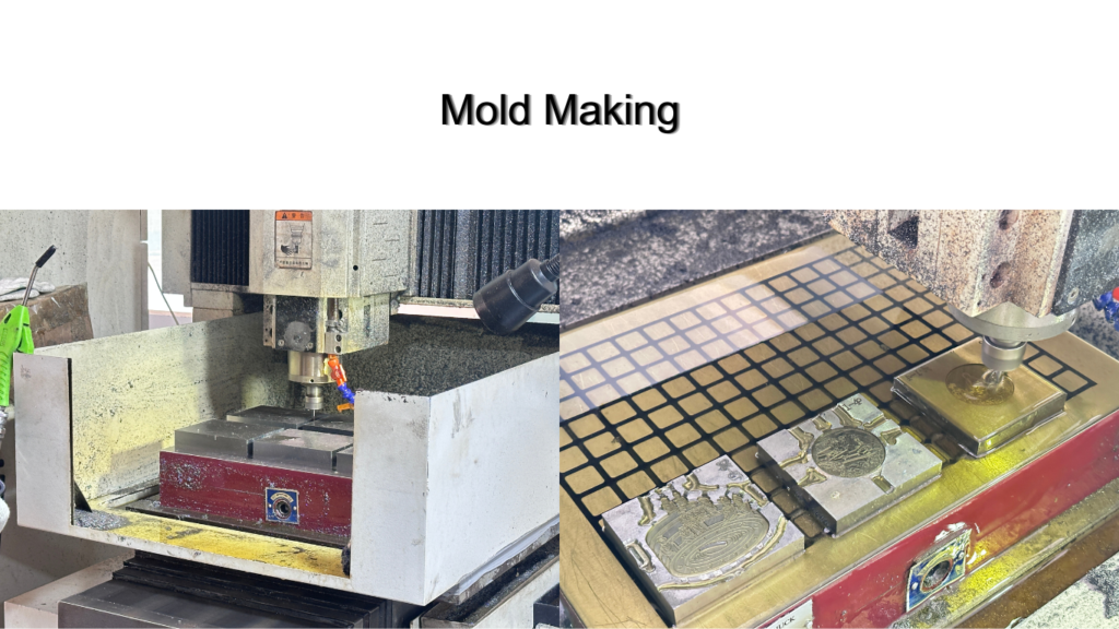 Step 2 of metal pin production — laser cutting and die-striking brass or zinc alloy base plates to pin shape