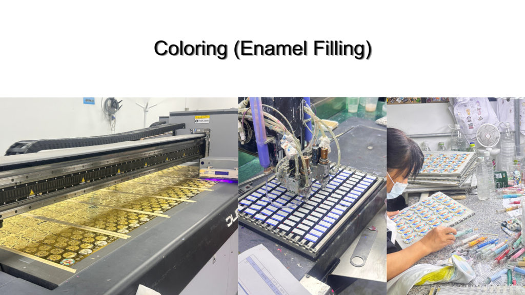 Step 6 of metal pin production — electroplating with gold, silver, or antique nickel for premium finish