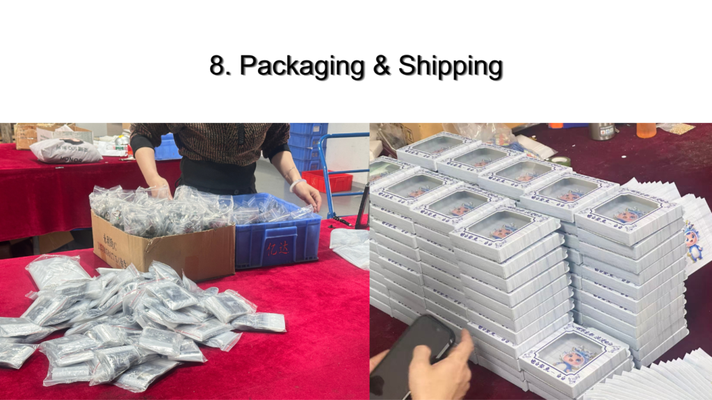 Step 8 of metal pin production — quality control inspection and individual polybag packaging for shipping