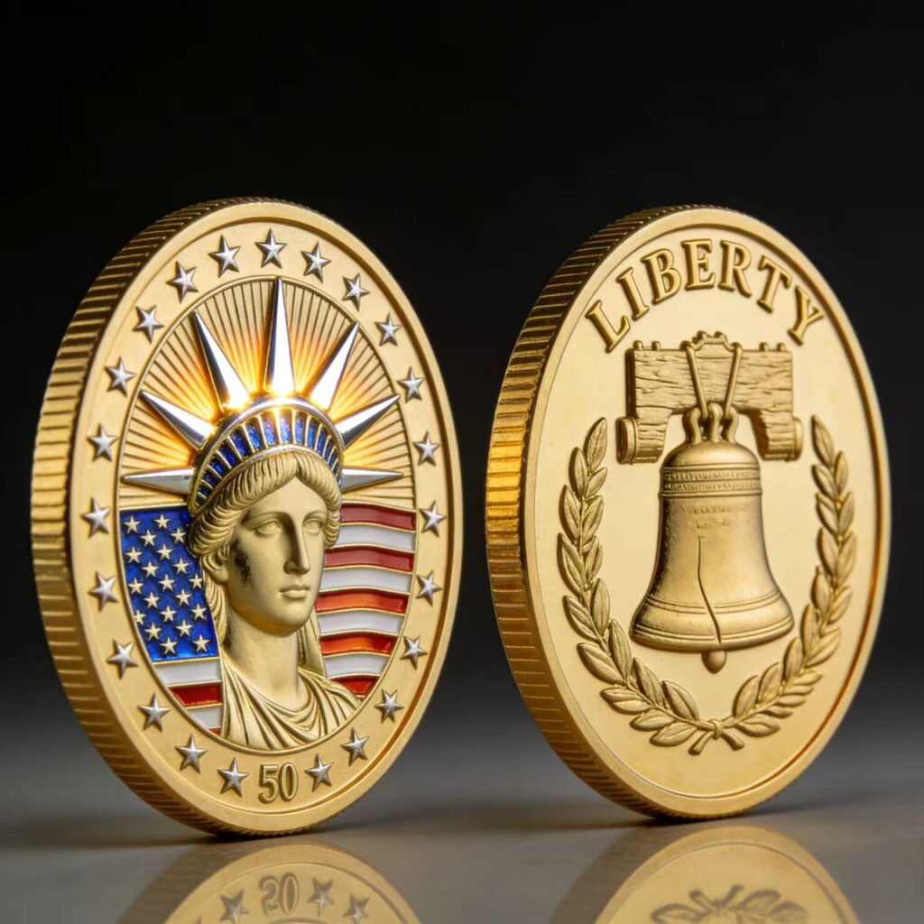 Custom commemorative coins in brass, zinc alloy, or copper with antique gold, antique silver, or bright gold plating - ForgeCrafts die-struck challenge coin manufactured for anniversaries, military units, sports tournaments, and event souvenirs