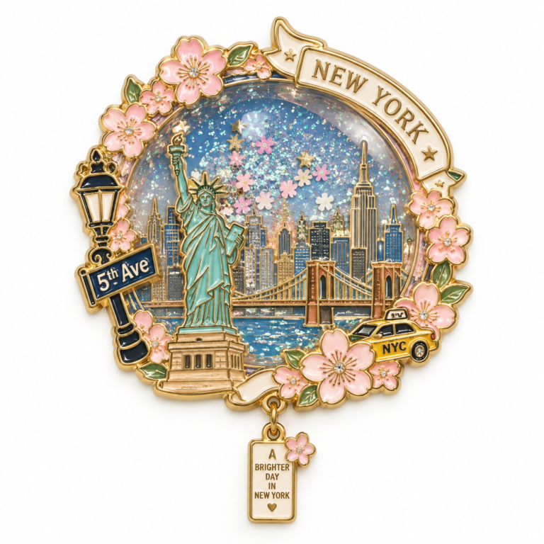 New York themed metal fridge magnet with floral gold borders, city landmarks and a hanging charm