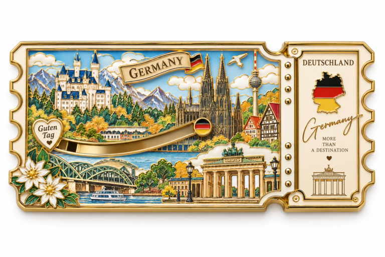 Germany themed ticket-shaped metal fridge magnet with colorful landmarks and gold detailing