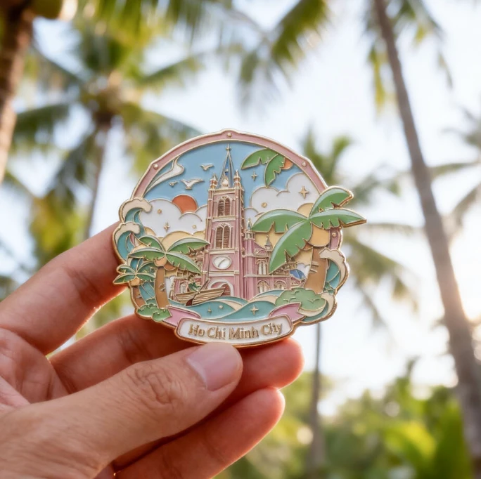 Finished Ho Chi Minh City metal fridge magnet held in a hand with palm trees in the background.
