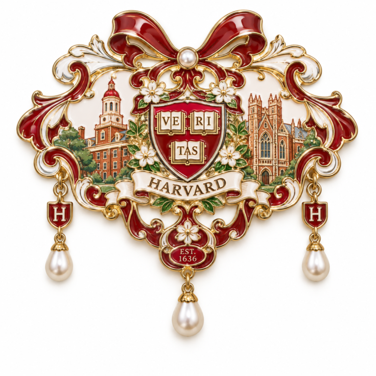 Harvard themed metal fridge magnet with red and gold ornament, campus landmarks and hanging pearl-like charms