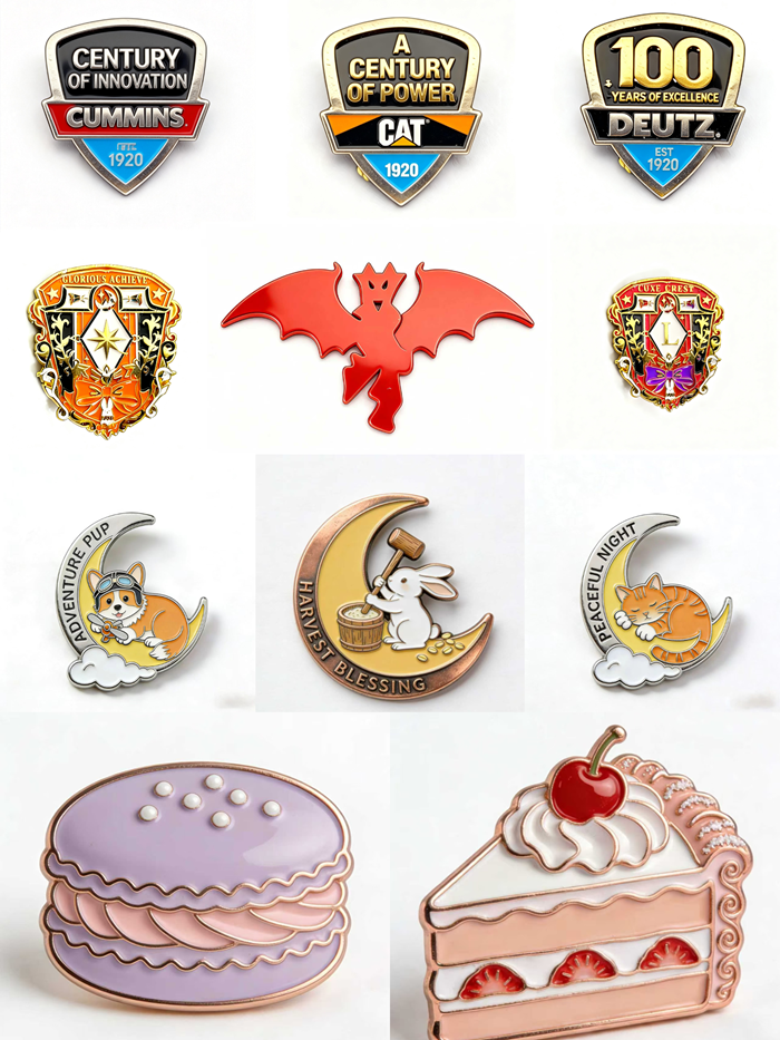 Custom metal logo badge detail with enamel color and die struck metal