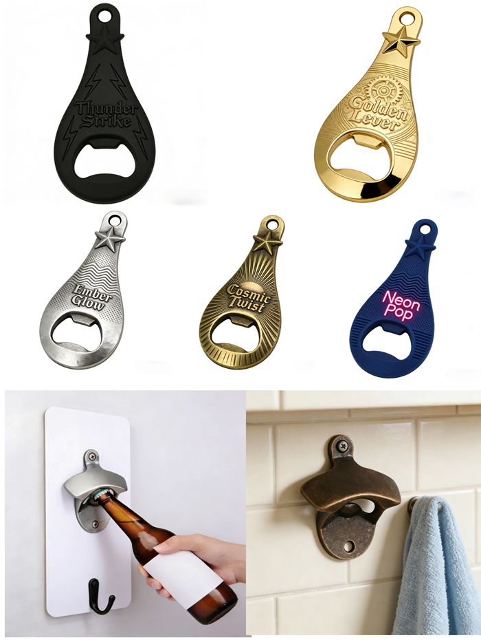 Custom bottle opener manufacturing detail with metal finish options