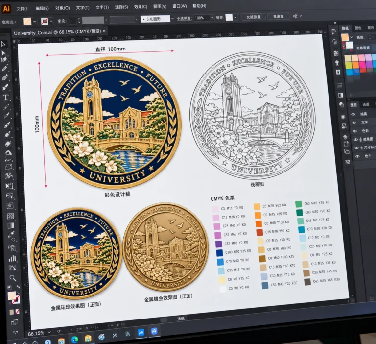 Color artwork of a university commemorative coin showing front and back designs with color swatches.