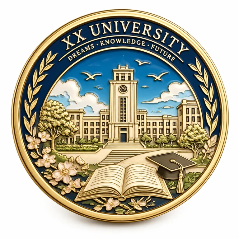 Gold-tone and blue campus commemorative coin with a clock tower, open book and graduation cap.