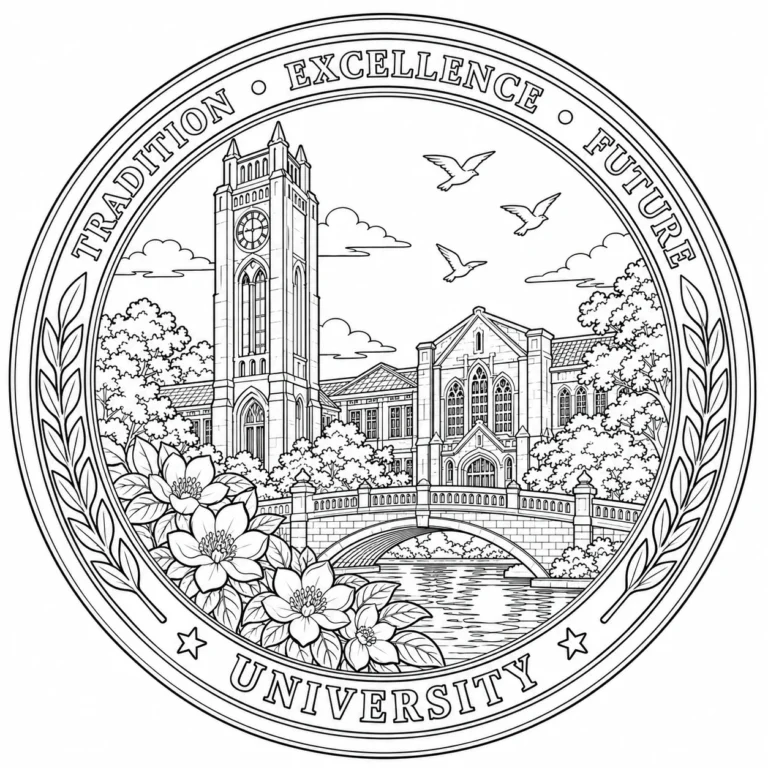 Black and white draft of a university commemorative coin with campus buildings, flowers and raised lettering.