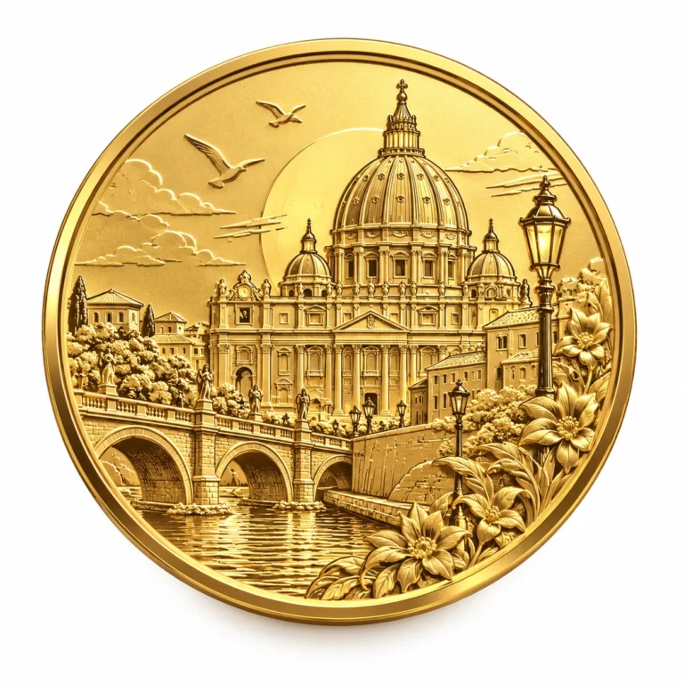 Gold-tone commemorative coin with European architectural landmarks, a bridge and floral relief.