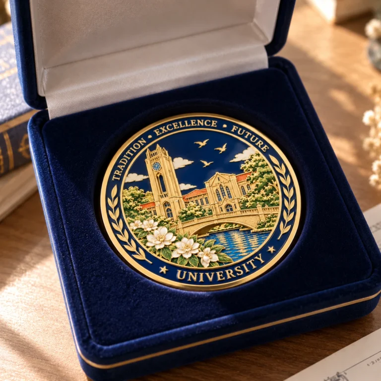 Finished blue and gold-tone university commemorative coin displayed in a velvet presentation box.
