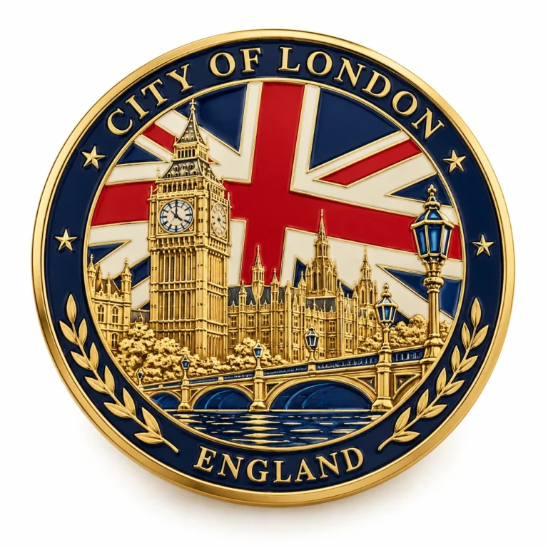 Gold-tone and blue souvenir coin with London landmarks, a Union Jack and decorative lettering.