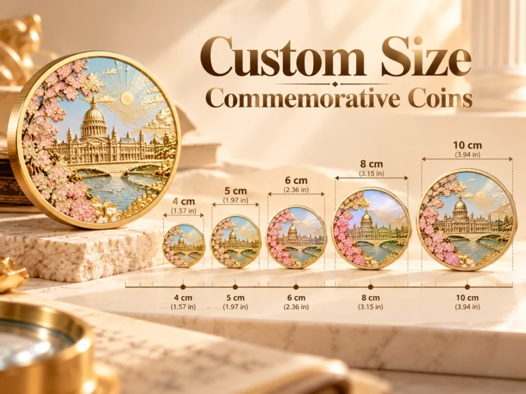 Commemorative coin size guide showing custom diameters from 4 to 10 centimetres.