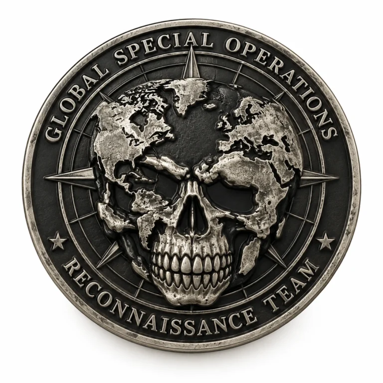 Antique silver-tone challenge coin with a skull, compass details and raised lettering.