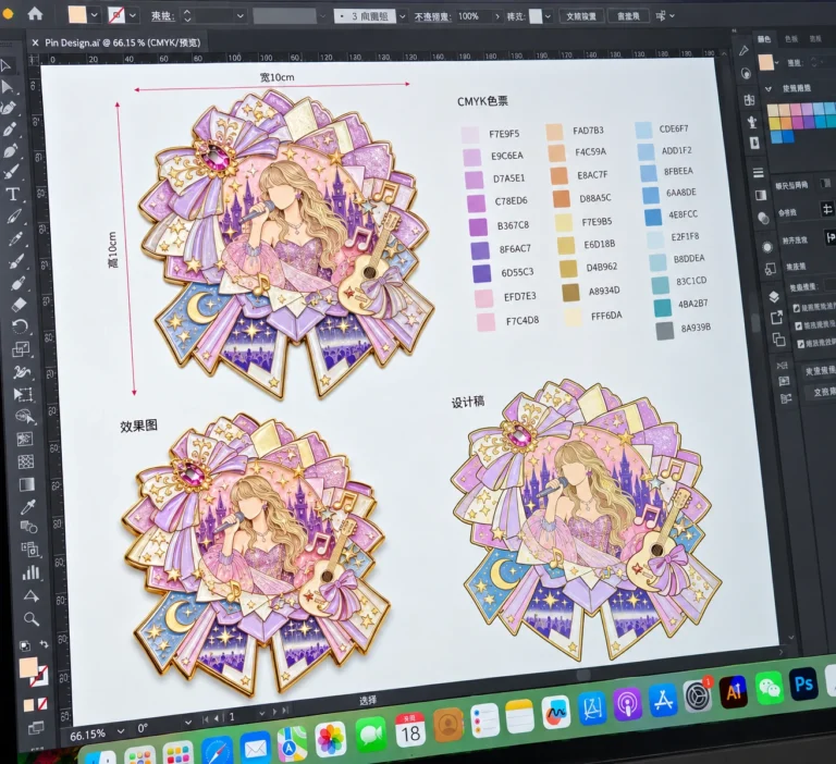 Color artwork and color swatches for a singer enamel badge design.