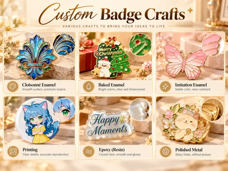 Badge craft guide showing cloisonne, baked and imitation enamel, printing, epoxy and polished metal.