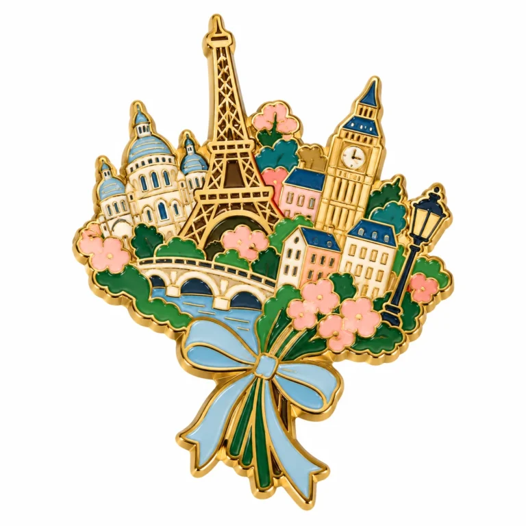 Custom enamel badge with European landmarks, flowers and a ribbon.