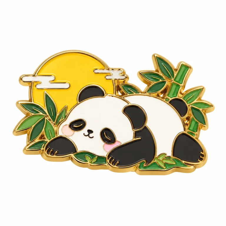 Custom enamel badge with a sleeping panda, bamboo and a golden sun.