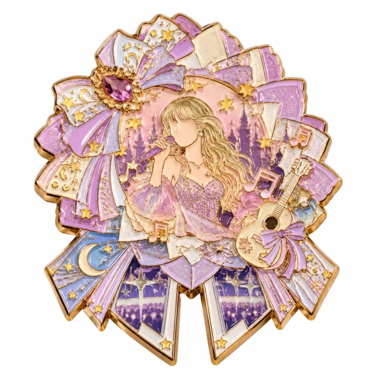 Gold-tone custom enamel badge with a singer, pink flowers and star details.