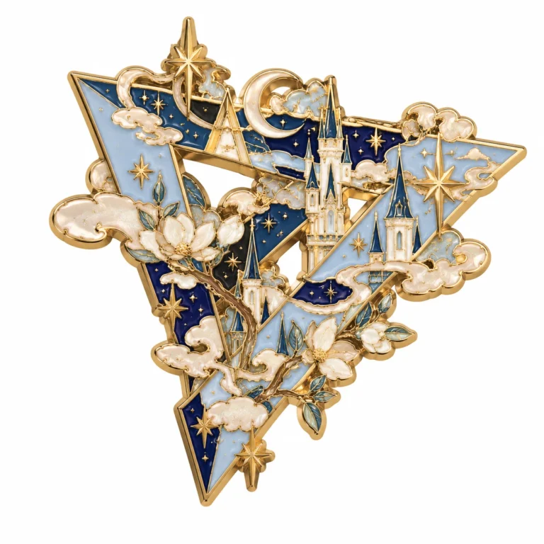 Custom enamel badge with a starry castle and gold-tone outlines.