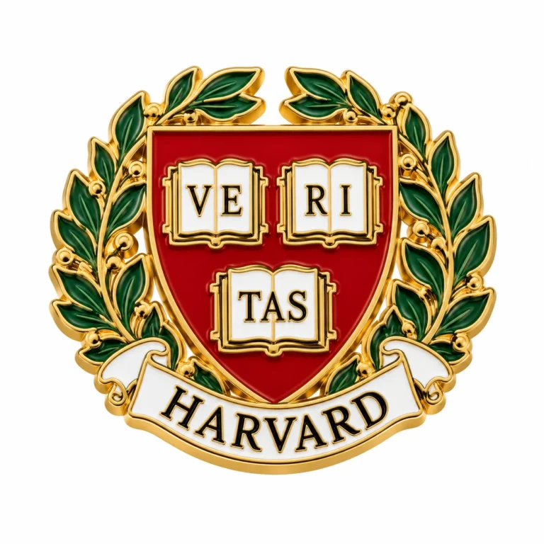 Red, green and gold-tone university crest enamel badge.