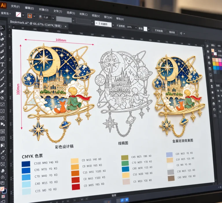 Design software screen showing colored and outline celestial castle artwork with color references for production review.
