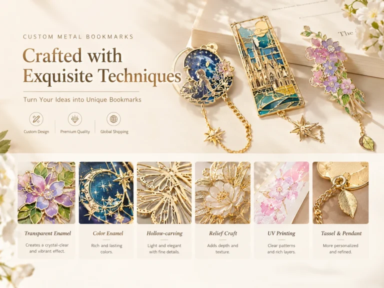 Metal bookmark craft guide showing enamel, cloisonne, hollow carving, relief, UV printing, and tassel or pendant options.