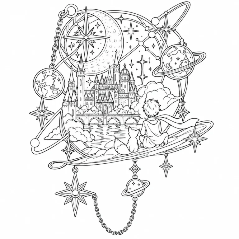 Black and white line-art draft with a castle, planets, stars, flowers, a seated figure and a fox.
