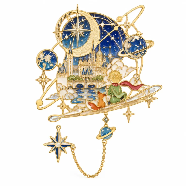 Finished gold-tone enamel example with a blue starry sky, castle, planets, flowers, a seated figure and a fox.