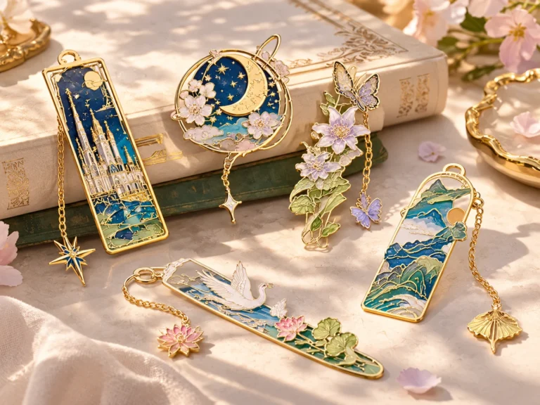 Decorative enamel metal bookmarks with tower, moon, floral and landscape designs displayed with books and gift packaging.