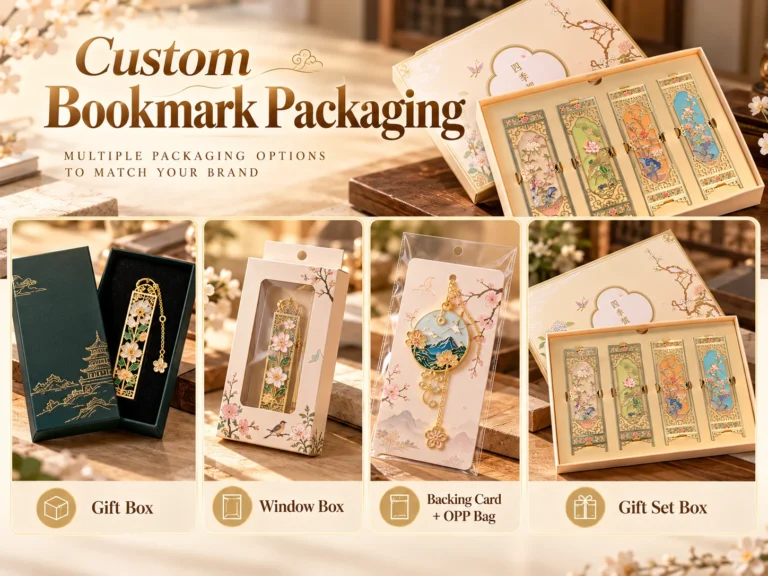 Custom Bookmark Packaging guide showing gift boxes, window boxes, backing cards with poly bags, and gift set boxes.