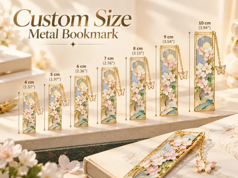 Custom Size Metal Bookmark guide displaying seven floral architecture bookmark sizes from 4 cm to 10 cm.