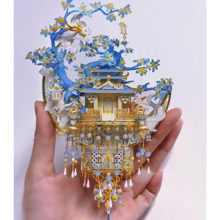 Blue and gold pagoda metal fridge magnet with hanging details