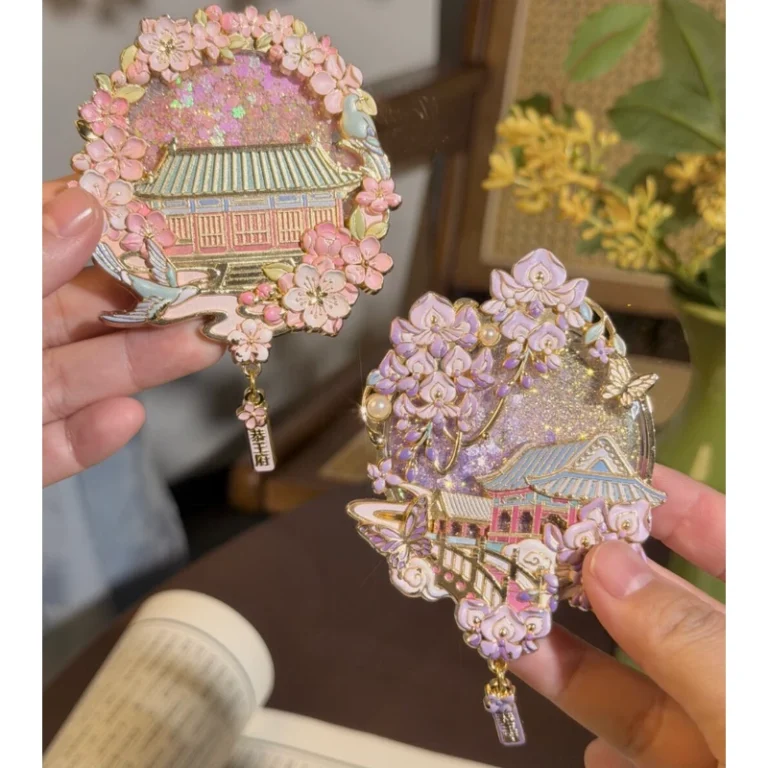 Pink and purple floral temple metal fridge magnets with hanging charms