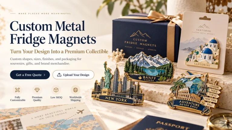 Custom metal fridge magnet designs and packaging featuring New York, Banff, Santorini and travel souvenirs.