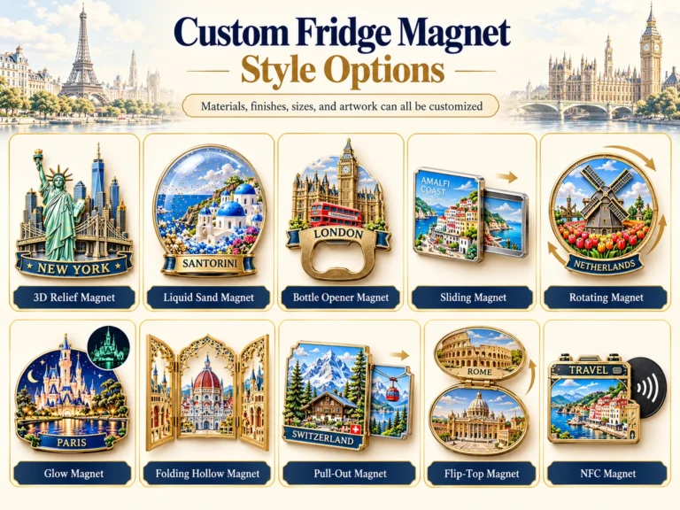Custom fridge magnet design options showing ten styles including 3D relief, liquid sand, bottle opener, sliding, rotating, glow, folding, pull-out, flip-top and NFC magnets.
