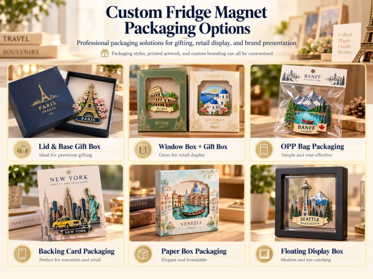 Custom fridge magnet packaging options showing gift boxes, window boxes, OPP bags, backing cards, paper boxes and floating display boxes.
