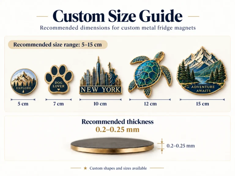 Custom metal fridge magnet size guide showing five example widths from 5 to 15 cm and a thickness diagram.