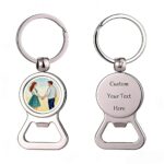 Personalized silver metal keychain bottle openers with printed couple artwork and custom text for weddings and promotional gifts