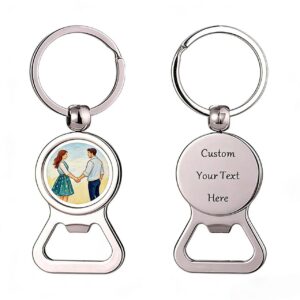 Personalized silver metal keychain bottle openers with printed couple artwork and custom text for weddings and promotional gifts