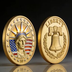 Custom commemorative coins in brass, zinc alloy, or stainless steel with hand-painted soft enamel, hard enamel, or die-struck finish for military challenge coins, corporate anniversary milestones, sports league trophies, and event memorabilia. Custom shapes, sizes 1.5-3 inches, edge designs, antique plating options.