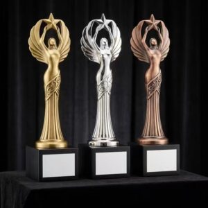 Custom metal trophies with gold, silver, and bronze finishes for sports, school, and corporate awards