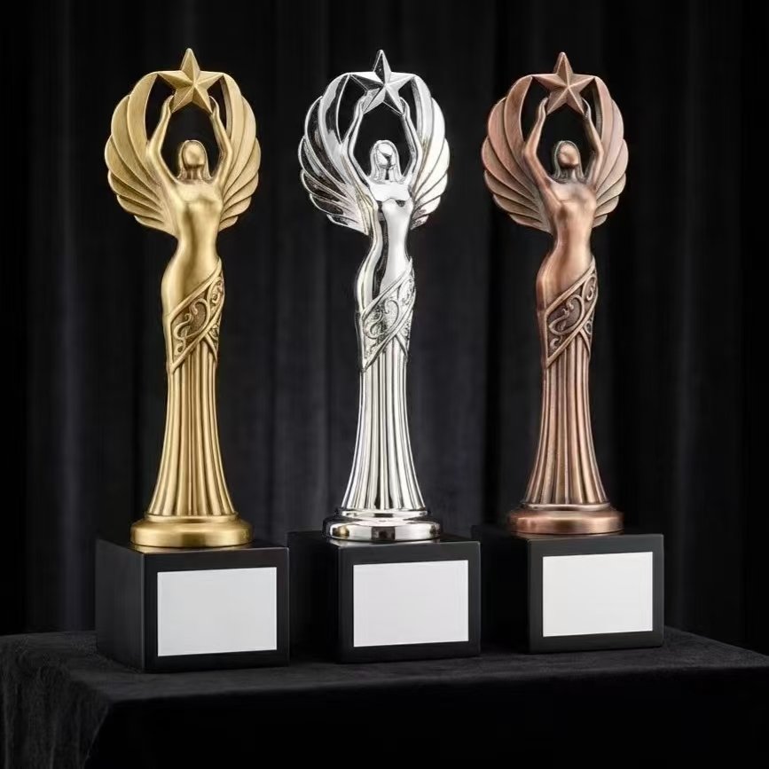 Custom metal trophies in zinc alloy, brass, or resin base with bright gold, silver, or bronze plating - ForgeCrafts engraved trophy manufactured for sports tournaments, corporate sales contests, employee recognition, and academic achievement awards