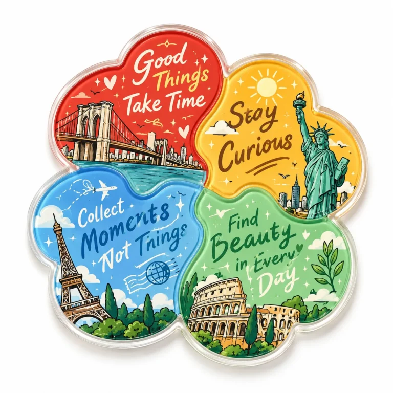 Custom acrylic fridge magnet — 多彩旅行励志四叶徽章