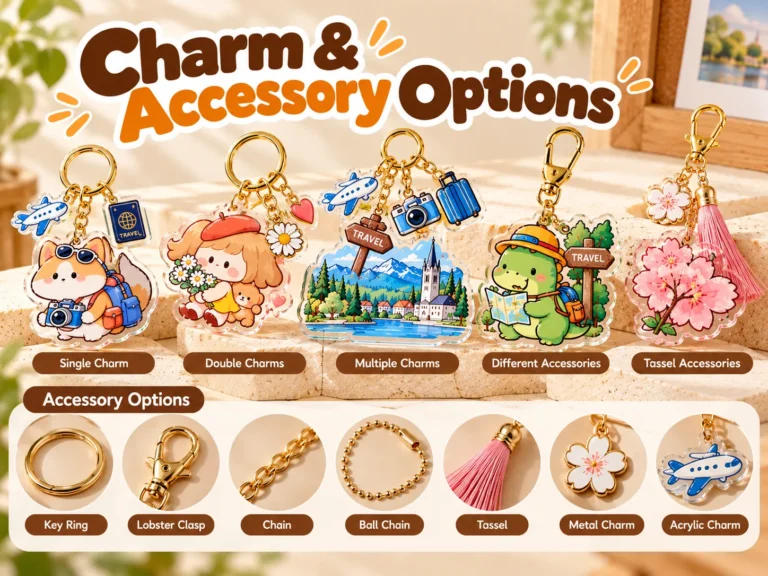 Charm and accessory options for acrylic keychains