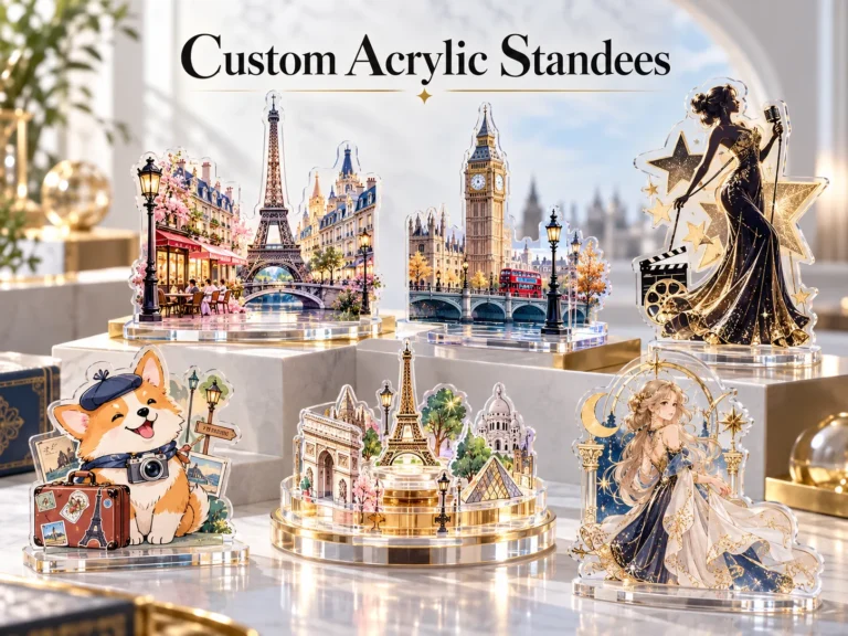 Custom acrylic standees and ornaments, multi-theme display