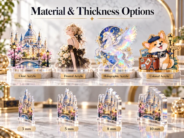 Acrylic standee material and thickness options 3–10 mm