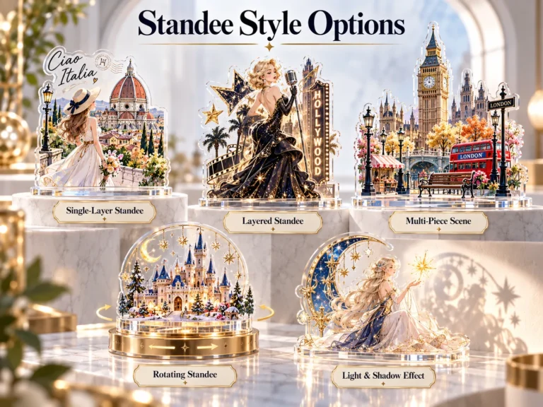 Acrylic standee style options: single-layer, layered, multi-piece, rotating, light and shadow