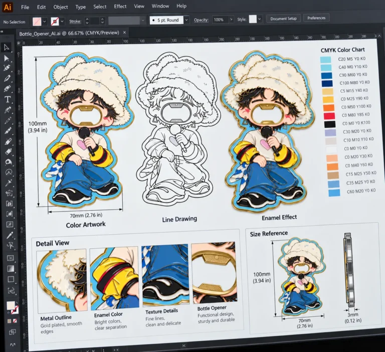Illustrator artwork board with CMYK chart and dimensions