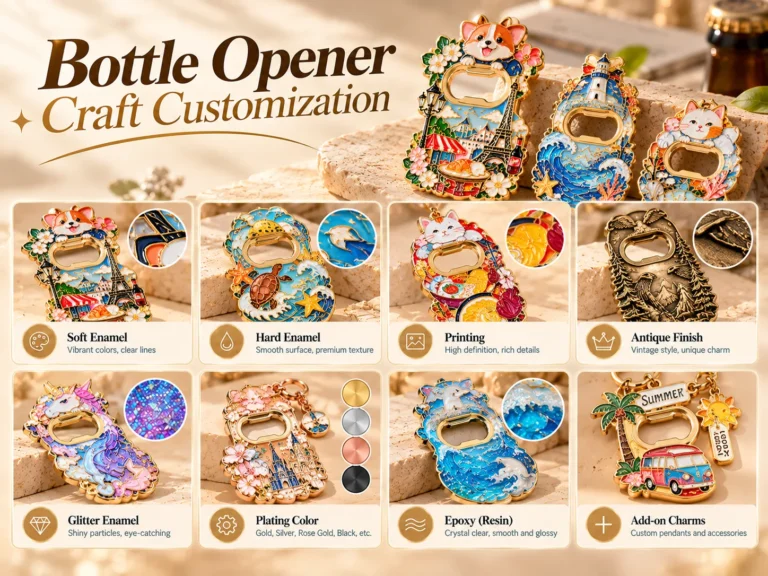 Bottle opener craft customization — soft enamel, hard enamel, printing, antique, glitter, plating, epoxy, charms